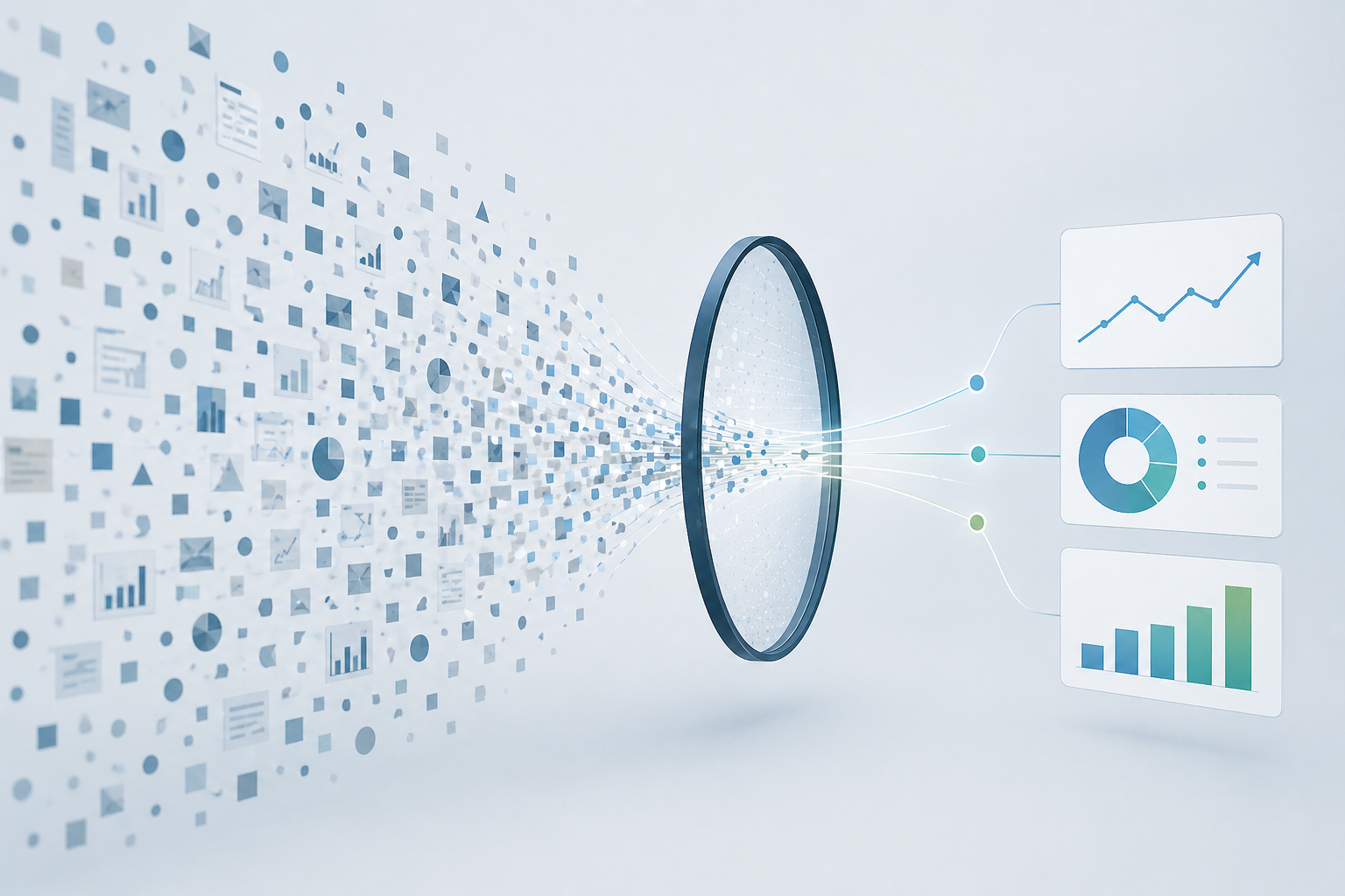 Abstract illustration of data being filtered from a large set into a smaller, organized set of relevant points.