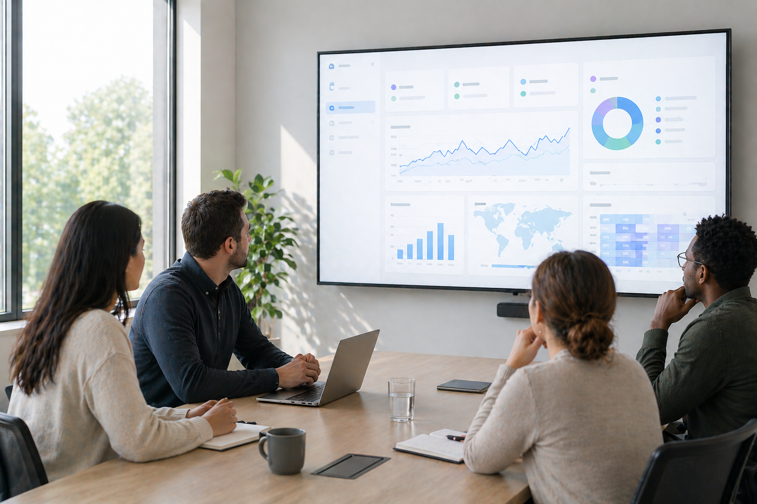 A small team reviewing analytics around a table.